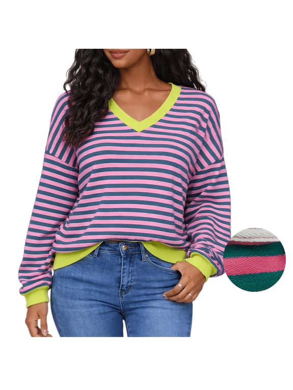Women Striped Sweatshirts Long Sleeve Oversized Pullover Tops V Neck Fall Casual Loose Sweater