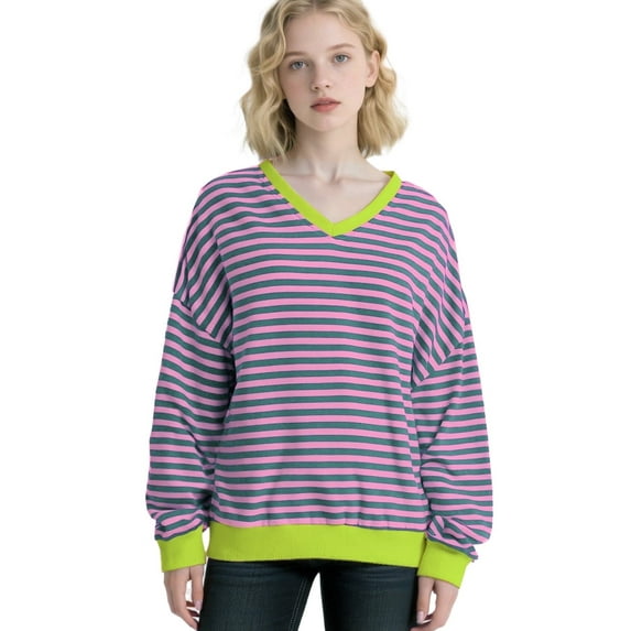 Women Striped Sweatshirts Long Sleeve Oversized Pullover Tops V Neck Fall Casual Loose Sweater