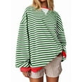 thumbnail image 1 of Women Striped Sweatshirts Oversized Crewneck Long Sleeve Shirts Y2K Pullover Top Fall Outfits Grass Green L, 1 of 10
