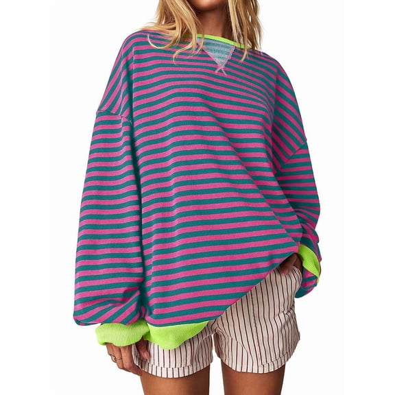 Women Striped Sweatshirts Oversized Crewneck Long Sleeve Shirts Y2K Pullover Top Fall Outfits Pink Green M