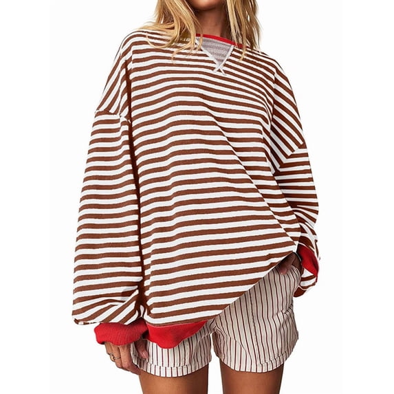 Women Striped Sweatshirts Oversized Crewneck Long Sleeve Shirts Y2K Pullover Top Fall Outfits Red & White M