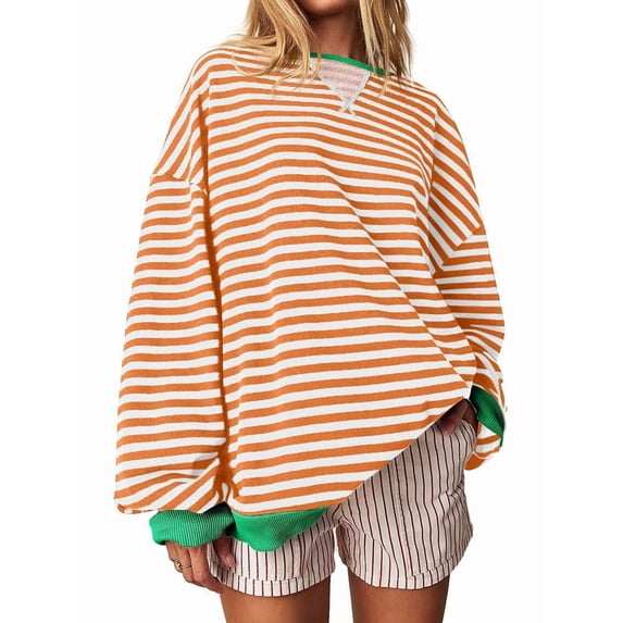 Women Striped Sweatshirts Oversized Crewneck Long Sleeve Shirts Y2K Pullover Top Fall Outfits Rice Orange XL