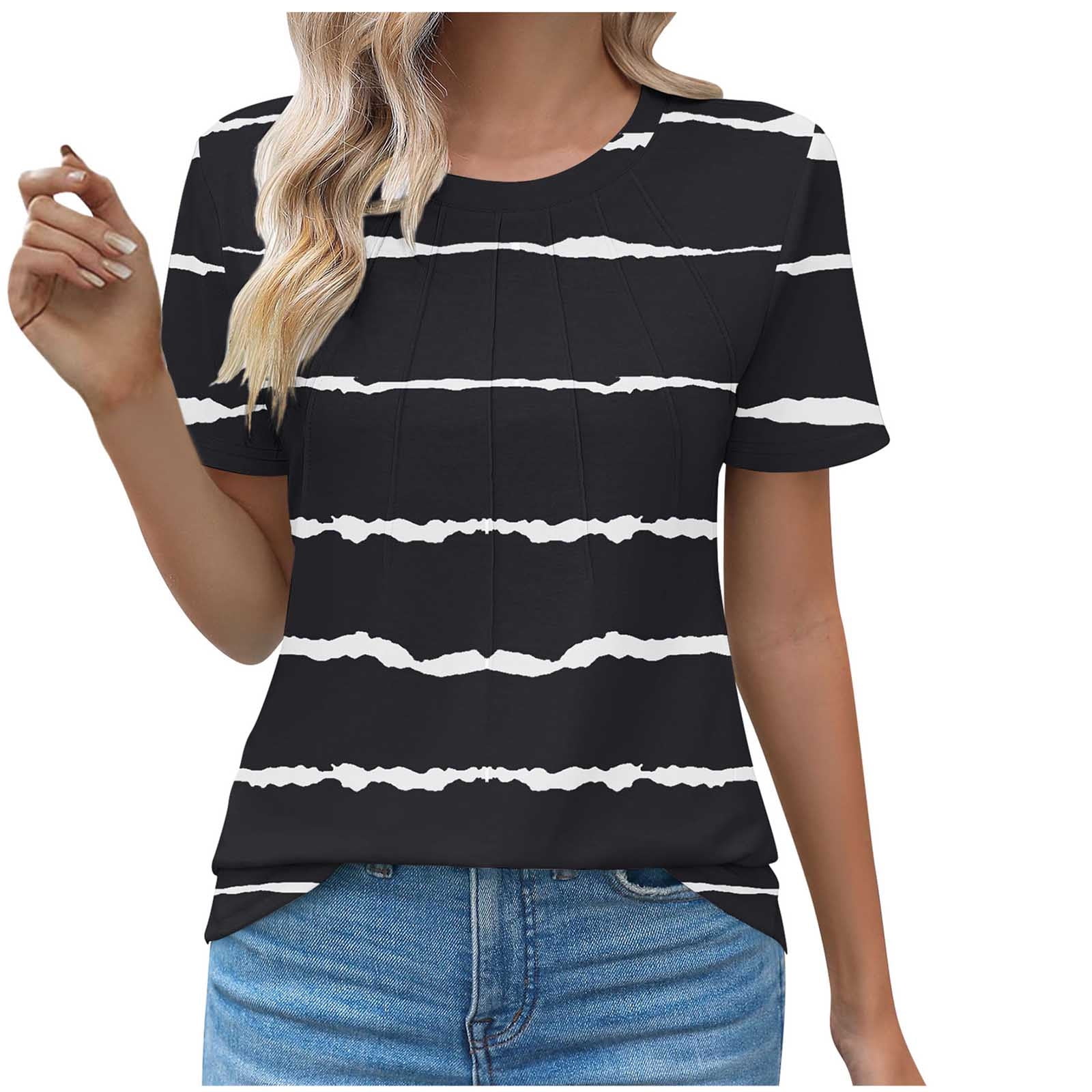 Women Striped T Shirt Ladies Tunic Tops Pleated Front T Shirt Crew Neck