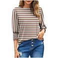 thumbnail image 1 of Women Striped T Shirts Smocked Cuffs 3/4 Sleeve Tops Round Neck Loose Casual Pullover Fall Summer Tees (2XL, Brown 01), 1 of 6