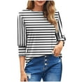 thumbnail image 1 of Women Striped T Shirts Smocked Cuffs 3/4 Sleeve Tops Round Neck Loose Casual Pullover Fall Summer Tees (2XL, White), 1 of 6