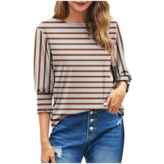 Women Striped T Shirts Smocked Cuffs 3/4 Sleeve Tops Round Neck Loose Casual Pullover Fall Summer Tees (XL, Brown 01)