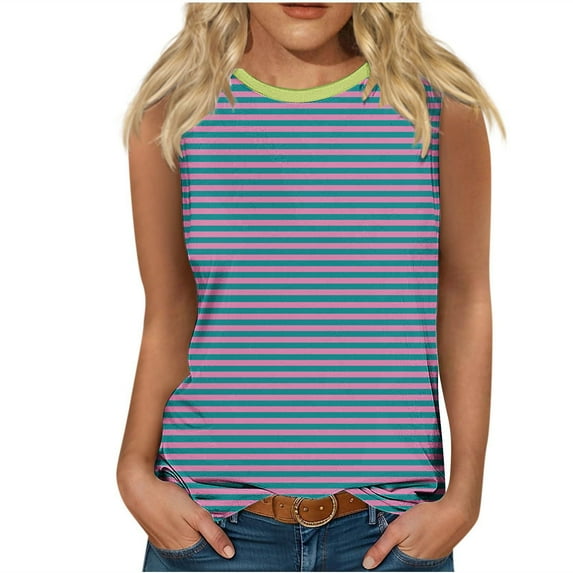 Women Striped Tank Tops Summer Sleeveless Crew Neck Tank Vest Casual Loose Basic T Shirts Blouse 2024 Fashion Clothes