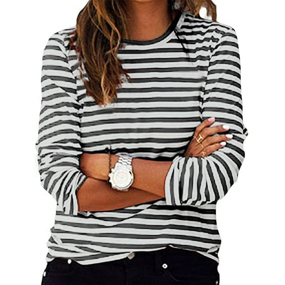 hxobax Striped Long Sleeve Tops Womens Fall Pullover Shirts Casual Round Neck Tunic Tshirts Blouses