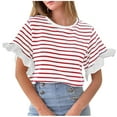 thumbnail image 1 of Women Striped Tops Ruffle Sleeve Casual Basic T Shirts Crewneck Short Sleeve Shirt Summer Outfits, 1 of 5