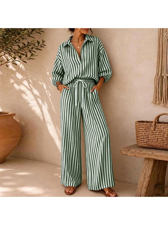 Women Striped Travel Outfits 3/4 Sleeve Collared Button Shirt Wide Leg Pants Set Drawstring Waist Pocket Vacation Casual Two Piece Set Green M