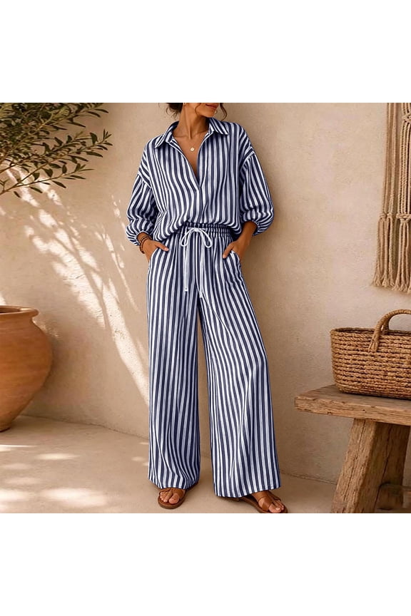 Women Striped Travel Outfits 3/4 Sleeve Collared Button Shirt Wide Leg Pants Set Drawstring Waist Pocket Vacation Casual Two Piece Set Navy Sleeve Blouses Pullover Set XL