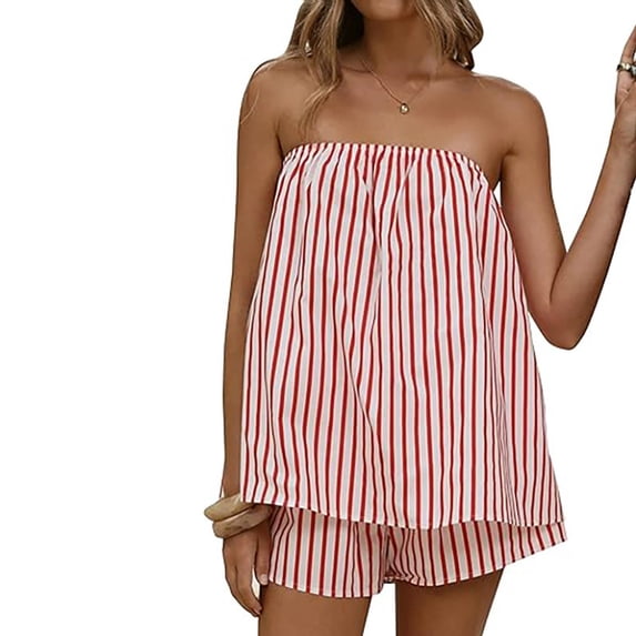 Women Striped Tube Top Shorts Set - Drawstring Strapless Top and Shorts Set Loose Fit Summer Vacation Outfits