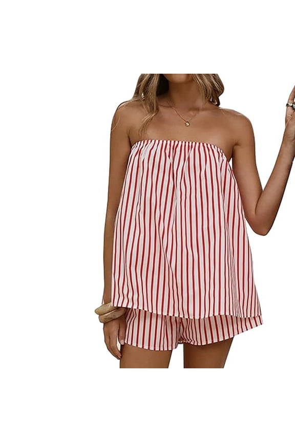 Women Striped Two Piece Set Summer Lounge Set Smocked Strapless Top Shorts Matching Set Travel Vacation Outfits