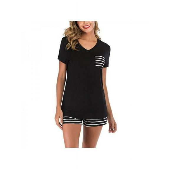 Women Striped V-neck Short Sleeve Shorts Two-piece Suit Tracksuit