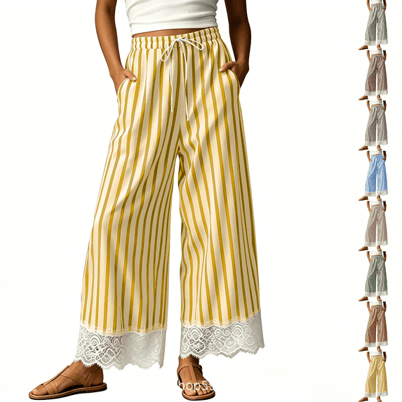 Women Striped Wide Leg Pants Drawstring Elastic Waist Lace Patchwork Pant with Pocket Drawstring Casual Trousers