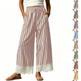 thumbnail image 1 of Women Striped Wide Leg Pants Drawstring Elastic Waist Lace Patchwork Pant with Pocket Drawstring Casual Trousers, 1 of 6