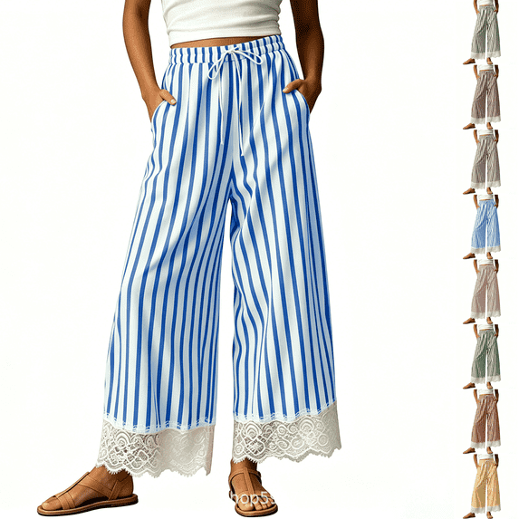 Women Striped Wide Leg Pants Drawstring Elastic Waist Lace Patchwork Pant with Pocket Drawstring Casual Trousers