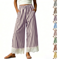 thumbnail image 1 of Women Striped Wide Leg Pants Drawstring Elastic Waist Lace Patchwork Pant with Pocket Drawstring Casual Trousers, 1 of 6