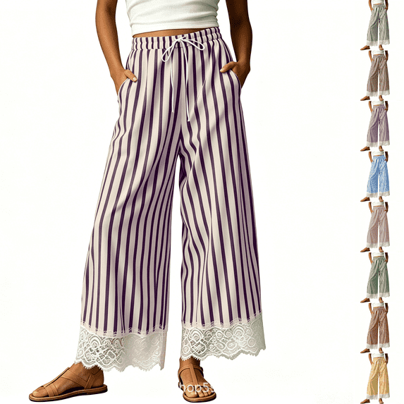 Women Striped Wide Leg Pants Drawstring Elastic Waist Lace Patchwork Pant with Pocket Drawstring Casual Trousers