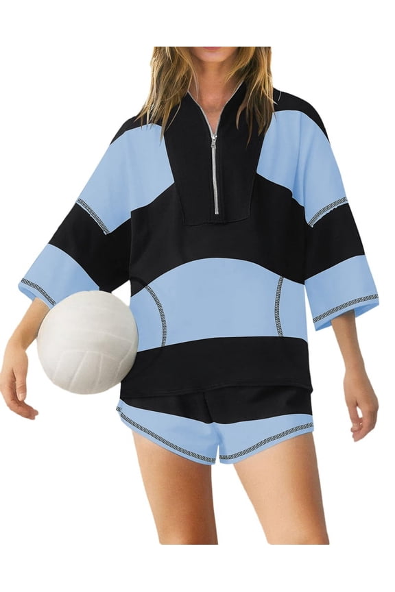 Women Striped Workout Set Two Piece Outfit Tracksuit Oversized Lounge Set Top and Shorts Sets with Pockets Black & Blue XL