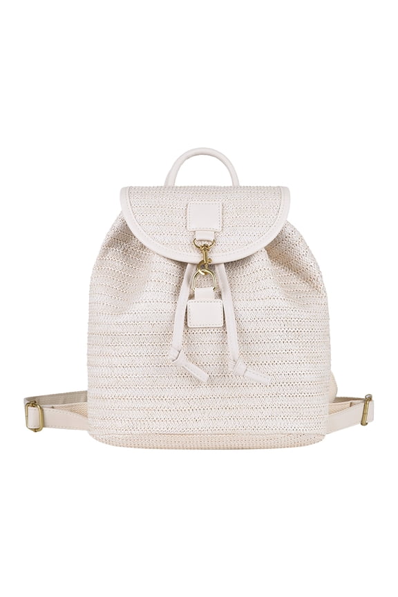Women Striped Woven Backpack Lightweight & Portable Schoolbags Handmade Rucksack With Flap Design For Shopping Holiday Parties Commute Daily Use (Beige)