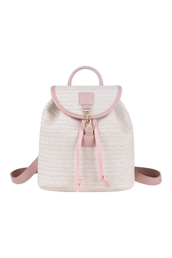 Women Striped Woven Backpack Lightweight & Portable Schoolbags Handmade Rucksack With Flap Design For Shopping Holiday Parties Commute Daily Use (Pink)