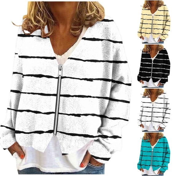 Women Striped Zip Up Cropped Jacket V Neck Long Sleeve Soft Fuzzy Top Loose Fit Casual Light Outerwear
