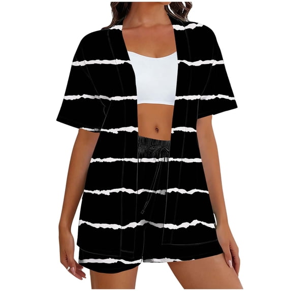 Women Stripes Outfits Summer Casual Loose 2 Piece Set Short Sleeve Cardigan Drawstring Elastic Waist Shorts (XXL, Black)