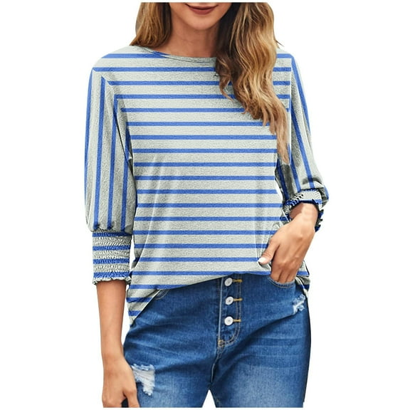 Women Stripes T Shirts Smocked Cuffs 3/4 Sleeve Tops Round Neck Loose Casual Pullover Fall Summer Tees (XL, Blue 01)
