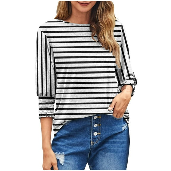 Women Stripes T Shirts Smocked Cuffs 3/4 Sleeve Tops Round Neck Loose Casual Pullover Fall Summer Tees (XL, White)