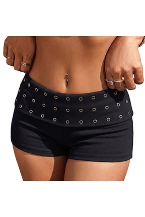 Women Studded Fold Over Micro Shorts Y2K Low Rise Rivet Shorts Goth Mini Shorts, S