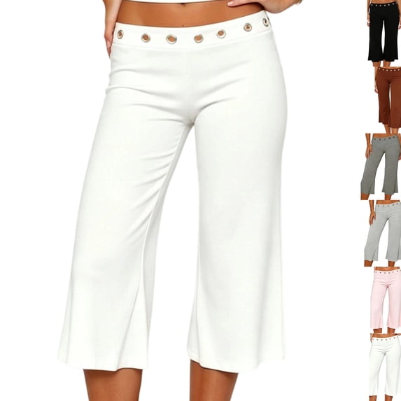 Women Studded Flare Gaucho Pants Low Rise Wide Leg Culottes Cropped Pants Y2k Streetwear Casual Capris White S