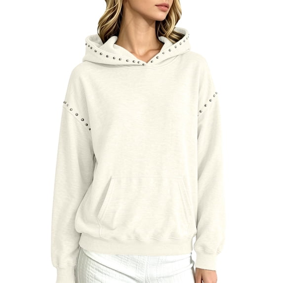 Women Studded Pullover Hoodie Long Sleeve Casual Sweatshirt With Kangaroo Pocket Trendy Rivet Decor Hooded Tops for Fall Winter Daily Going‑out Streetwear