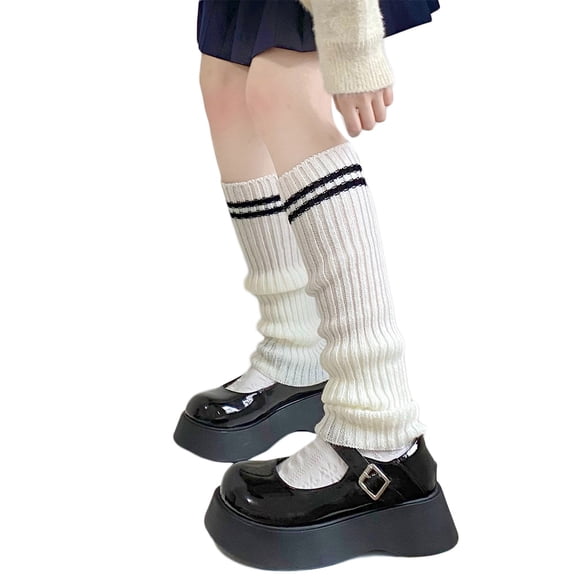 Women Student Double Striped Knit Leg Warmers Japanese Preppy Style School Uniform Lolita Boot Cover Crochet Ribbed Stretch Tube Knee High Socks