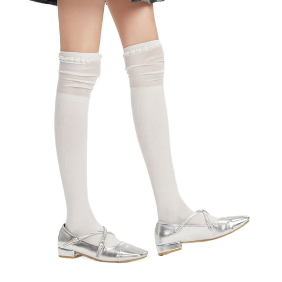 Women Student Long Tube Socks Solid Color Mesh Splicing Thigh High Stockings