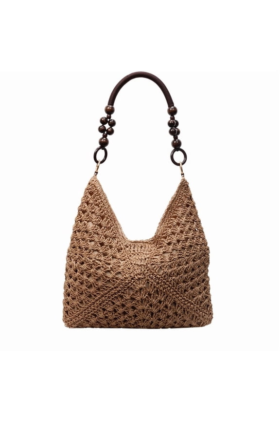 Women Stylish Knit Shoulder Bag Solid Color Casual Tote Bag Wood Bead Seaside Straw Shoulder Bag Summer Beach Travel Bag (Light Brown)