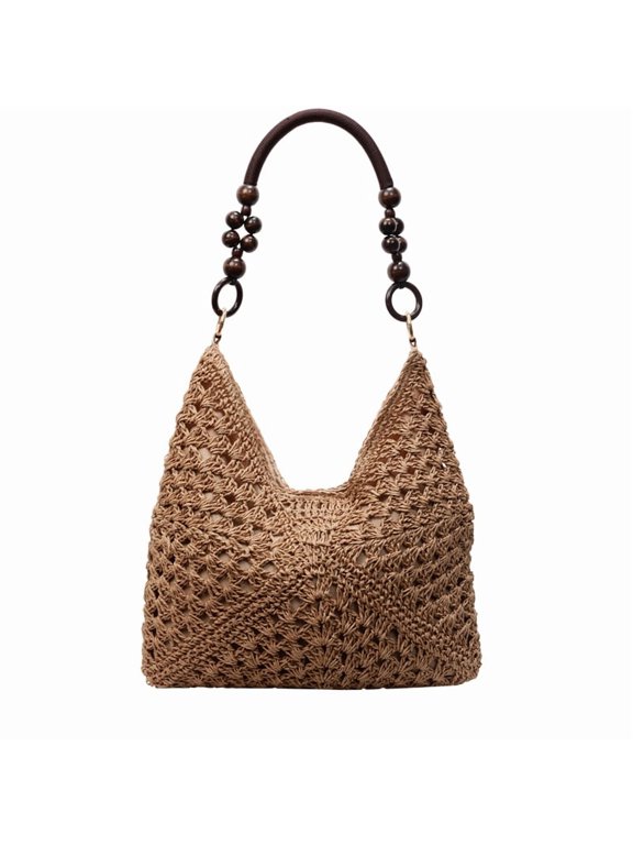Women Stylish Knit Shoulder Bag Solid Color Casual Tote Bag Wood Bead Seaside Straw Shoulder Bag Summer Beach Travel Bag (Light Brown)