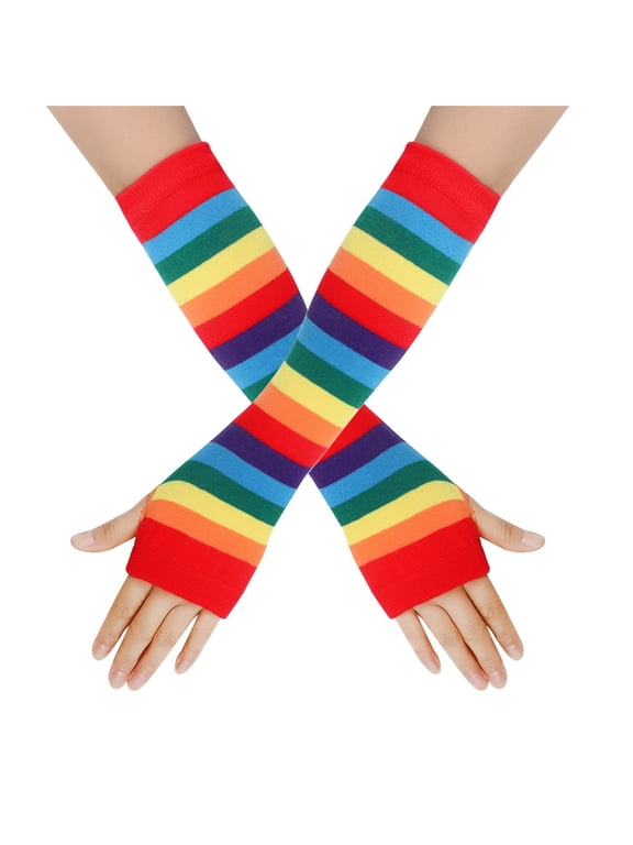 Women Stylish Long Fingerless Gloves Rainbow Striped Arm Warmers Knitted Crochet Sweater Sleeves for Girls Teens Daily Wear Dance Party Outfit