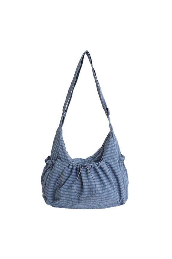 Women Stylish Nylon Crossbody Bag Drawstring Versatile Pleated Shoulder Bag All-Match Tote Bags for Daily Work Commute (Blue)