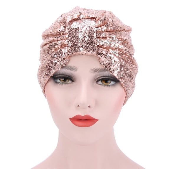 Women Stylish Shiny Sequin Pleated Turban Hats Headwear Hair Head Wrap Caps