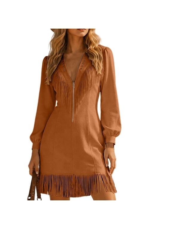 Women Stylish Solid Color Western Style Faux Suede Fringe Mini Dress Perfect for Country Music Concerts Rodeo Shows Western themed Parties Brown