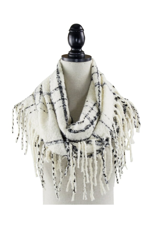 Women Stylish Two-tone Plaid Infinity Loop Scarf with Long Fringe (Ivory)