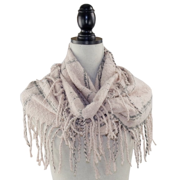 Women Stylish Two-tone Plaid Infinity Loop Scarf with Long Fringe (Pink)