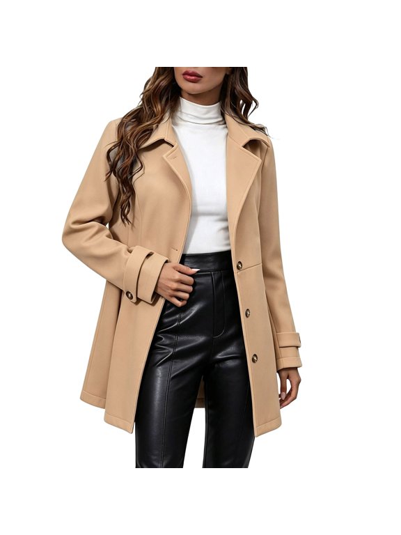 Women Stylish Wool Blend Coats Elegant Lapel Design Button Closure Winter Outerwear Sophisticated Casual Jacket Fashion Apparel (Khaki S)