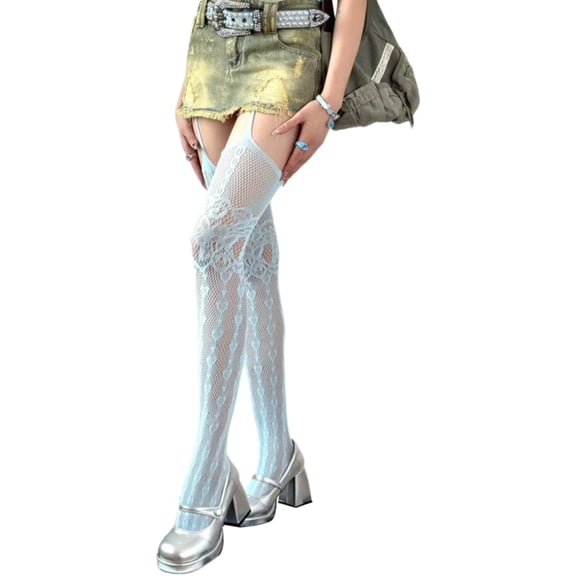 Women Subcultures Punk SheerPantyhose Heart Striped Patterned Suspender Tights Hollowed Thigh High Stockings