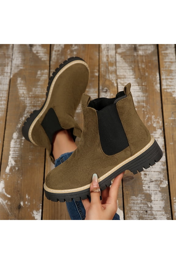 Women Suede Ankle Boots Wide Calf Platforms Chunky Block Heels Round Toe Pull Tab Lug Sole Casual Short Booties Trendy Solid Non Slip Comfort Slip on Fall Winter Dressy Office Shoes Army Green