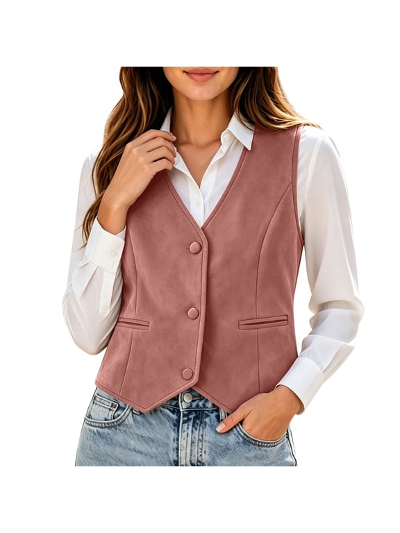 Women Suede Button Front Vest Casual V‑neck Sleeveless Tailored Waistcoat Business Office Dressy Sleeveless Jacket Fall Winter Layering Outerwear XXL