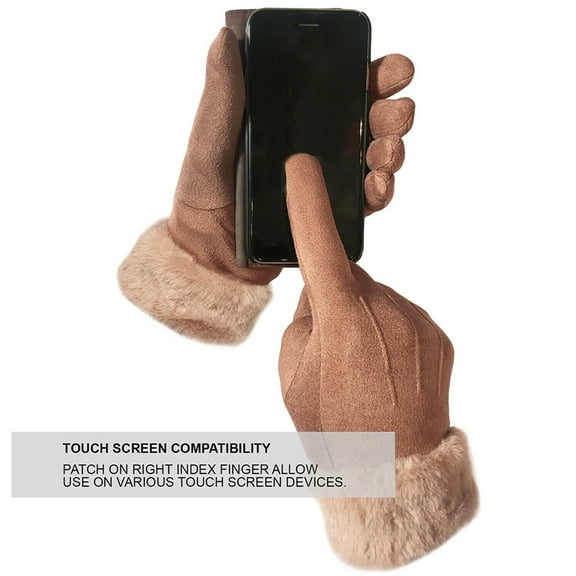 Women Suede Faux Fur Fleece Lined Soft Gloves Touch Screen Winter Thermal Cuff Mitten