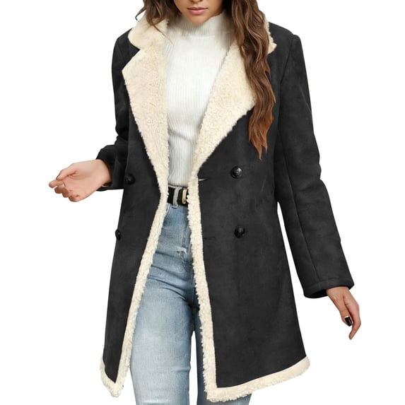 Women Suede Fleece Lined Overcoat Casual Loose Notched Lapel Long Sleeve Button Peacoat Trendy Lightweight Winter Warm Coat