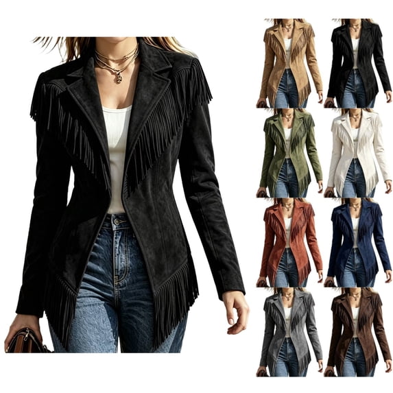 Women Suede Fringe Jacket Lapel Long Sleeve Open Front Western Coat with Tassel Trim Casual Slim Outerwear for Autumn
